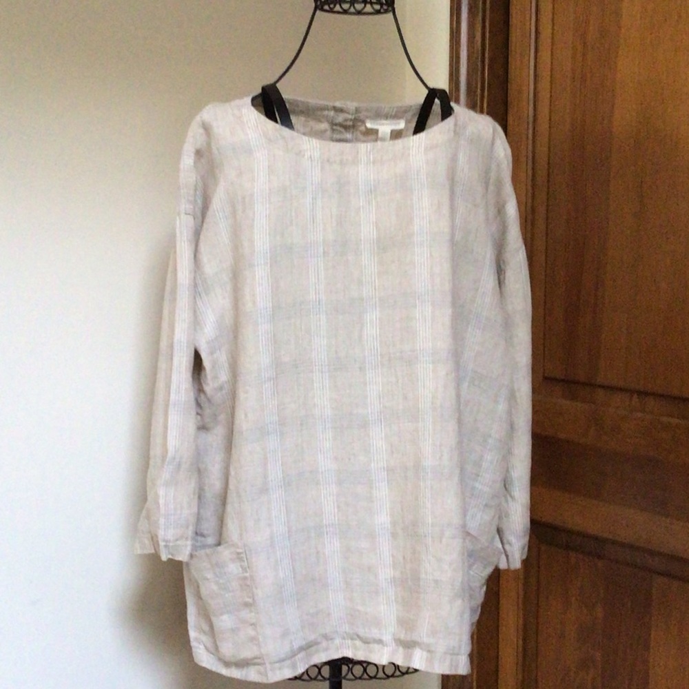 Eileen Fisher 3/4-Sleeve Catalan Linen Plaid Top, size SP - Picture 4 of 8